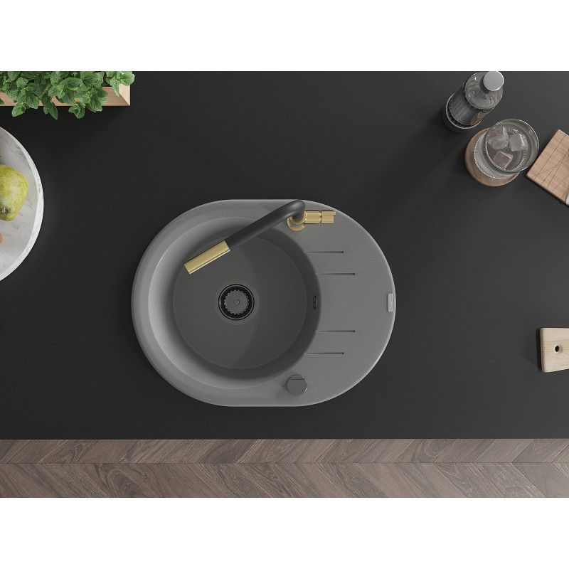 Mexen Kevin zlewozmywak granitowy 1-komorowy z ociekaczem i baterią kuchenną Flora, szary - 6517-71-670401-57-B