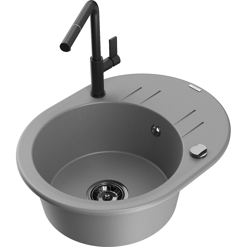 Mexen Kevin zlewozmywak granitowy 1-komorowy z ociekaczem i baterią kuchenną Flora, szary - 6517-71-670401-70-B