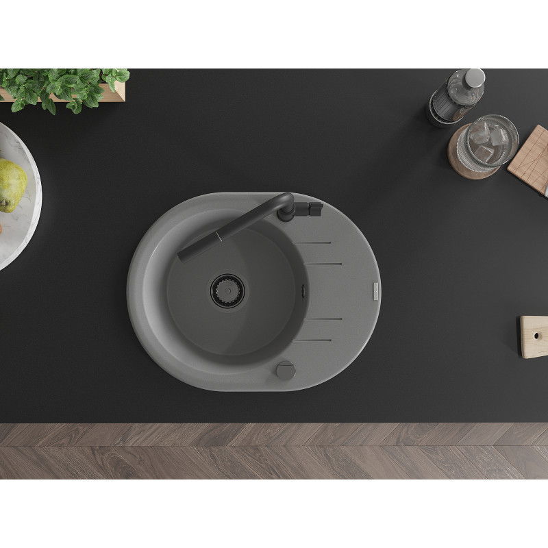 Mexen Kevin zlewozmywak granitowy 1-komorowy z ociekaczem i baterią kuchenną Flora, szary - 6517-71-670401-70-B