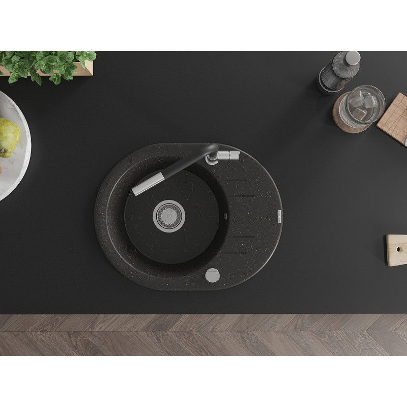 Mexen Kevin zlewozmywak granitowy 1-komorowy z ociekaczem i baterią kuchenną Flora, czarny/złoty metalik - 6517-75-670401-07