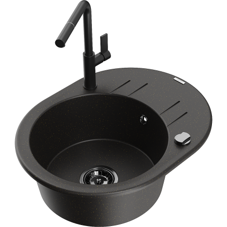 Mexen Kevin zlewozmywak granitowy 1-komorowy z ociekaczem i baterią kuchenną Flora, czarny/złoty metalik - 6517-75-670401-70-B