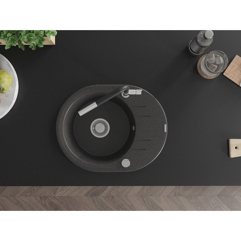 Mexen Kevin zlewozmywak granitowy 1-komorowy z ociekaczem i baterią kuchenną Flora, czarny nakrapiany - 6517-76-670401-07