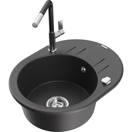 Mexen Kevin zlewozmywak granitowy 1-komorowy z ociekaczem i baterią kuchenną Flora, czarny nakrapiany - 6517-76-670401-07