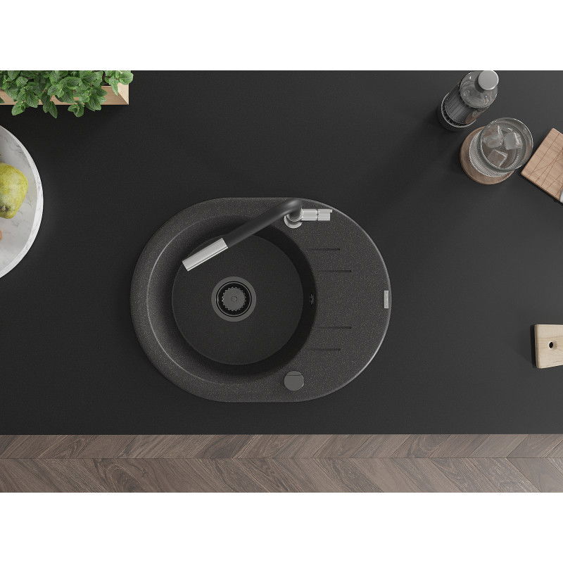 Mexen Kevin zlewozmywak granitowy 1-komorowy z ociekaczem i baterią kuchenną Flora, czarny nakrapiany - 6517-76-670401-07-B