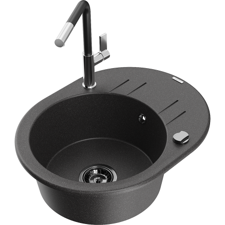 Mexen Kevin zlewozmywak granitowy 1-komorowy z ociekaczem i baterią kuchenną Flora, czarny nakrapiany - 6517-76-670401-07-B
