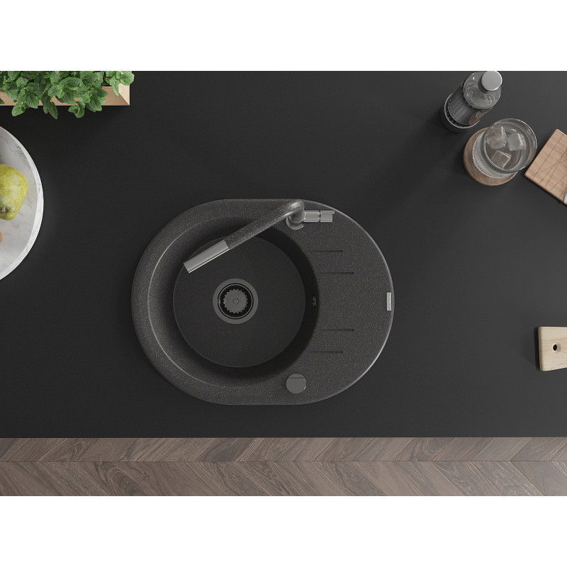 Mexen Kevin zlewozmywak granitowy 1-komorowy z ociekaczem i baterią kuchenną Flora, czarny nakrapiany - 6517-76-670401-08-B