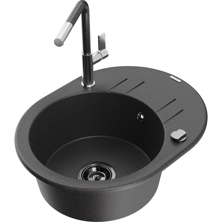 Mexen Kevin zlewozmywak granitowy 1-komorowy z ociekaczem i baterią kuchenną Flora, czarny nakrapiany - 6517-76-670401-08-B