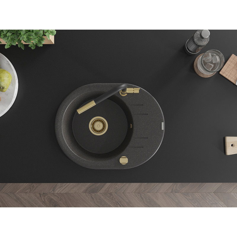 Mexen Kevin zlewozmywak granitowy 1-komorowy z ociekaczem i baterią kuchenną Flora, czarny nakrapiany - 6517-76-670401-57-G