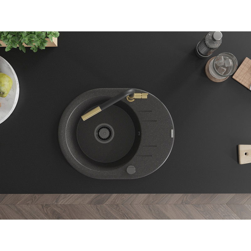 Mexen Kevin zlewozmywak granitowy 1-komorowy z ociekaczem i baterią kuchenną Flora, czarny nakrapiany - 6517-76-670401-57-B