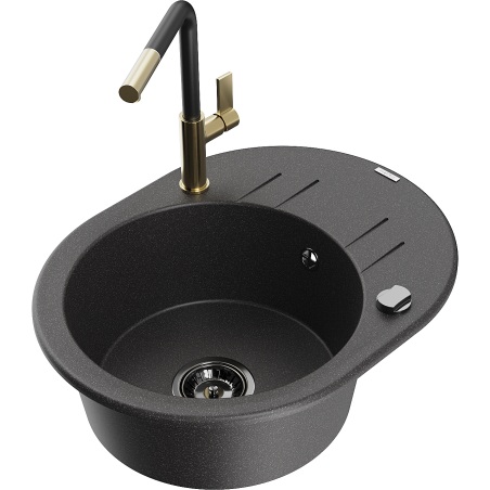 Mexen Kevin zlewozmywak granitowy 1-komorowy z ociekaczem i baterią kuchenną Flora, czarny nakrapiany - 6517-76-670401-57-B