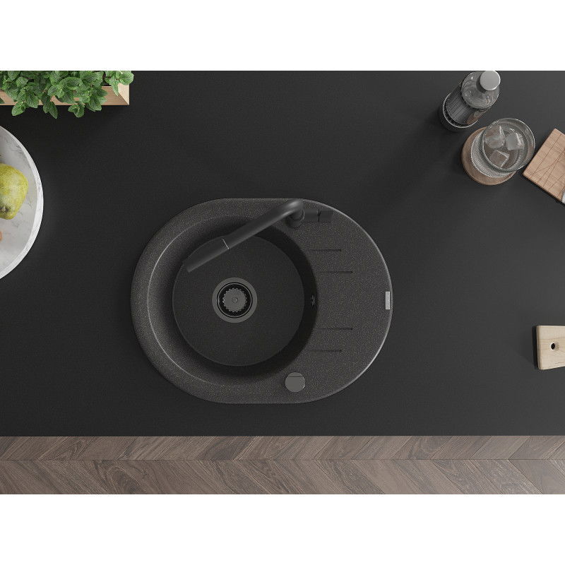 Mexen Kevin zlewozmywak granitowy 1-komorowy z ociekaczem i baterią kuchenną Flora, czarny nakrapiany - 6517-76-670401-70-B