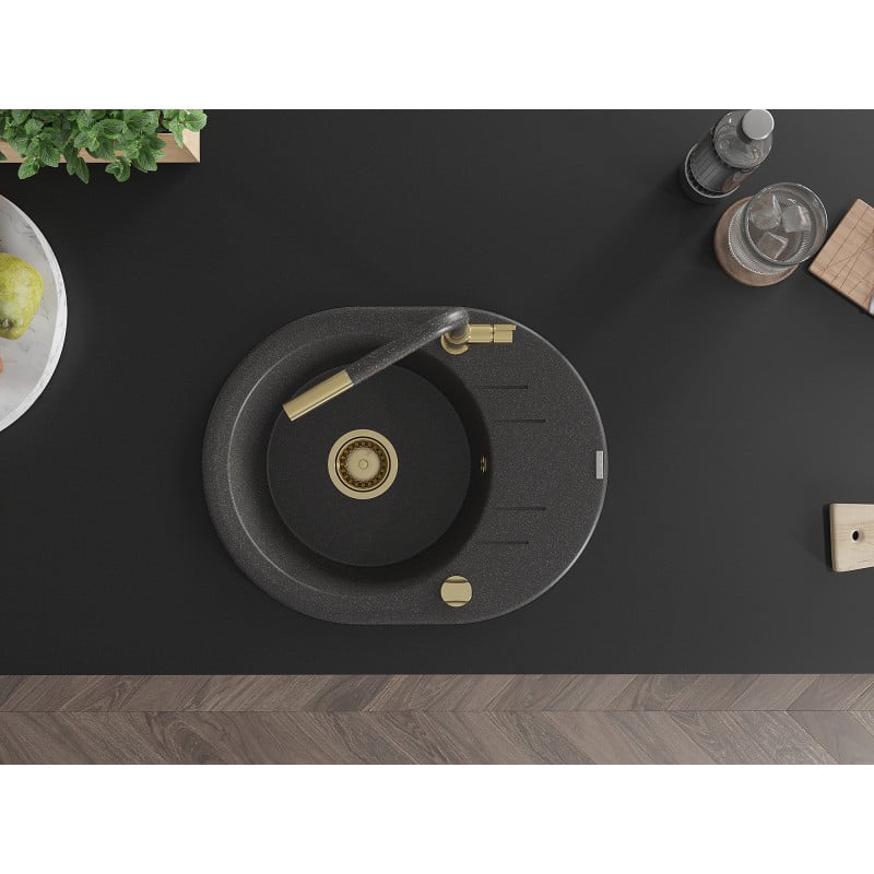 Mexen Kevin zlewozmywak granitowy 1-komorowy z ociekaczem i baterią kuchenną Flora, czarny nakrapiany - 6517-76-670401-75-G