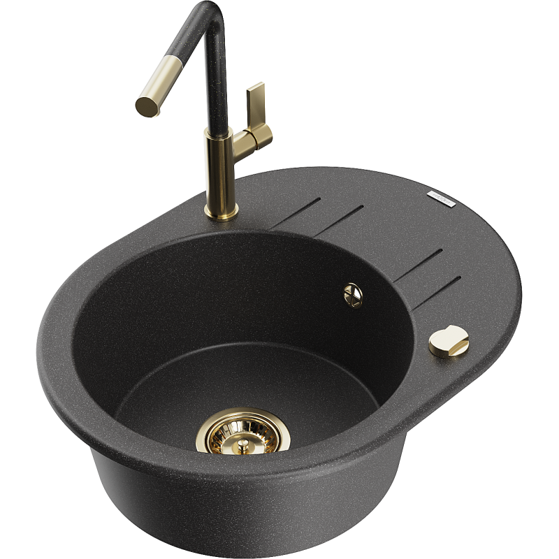 Mexen Kevin zlewozmywak granitowy 1-komorowy z ociekaczem i baterią kuchenną Flora, czarny nakrapiany - 6517-76-670401-75-G