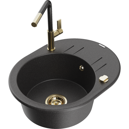 Mexen Kevin zlewozmywak granitowy 1-komorowy z ociekaczem i baterią kuchenną Flora, czarny nakrapiany - 6517-76-670401-75-G