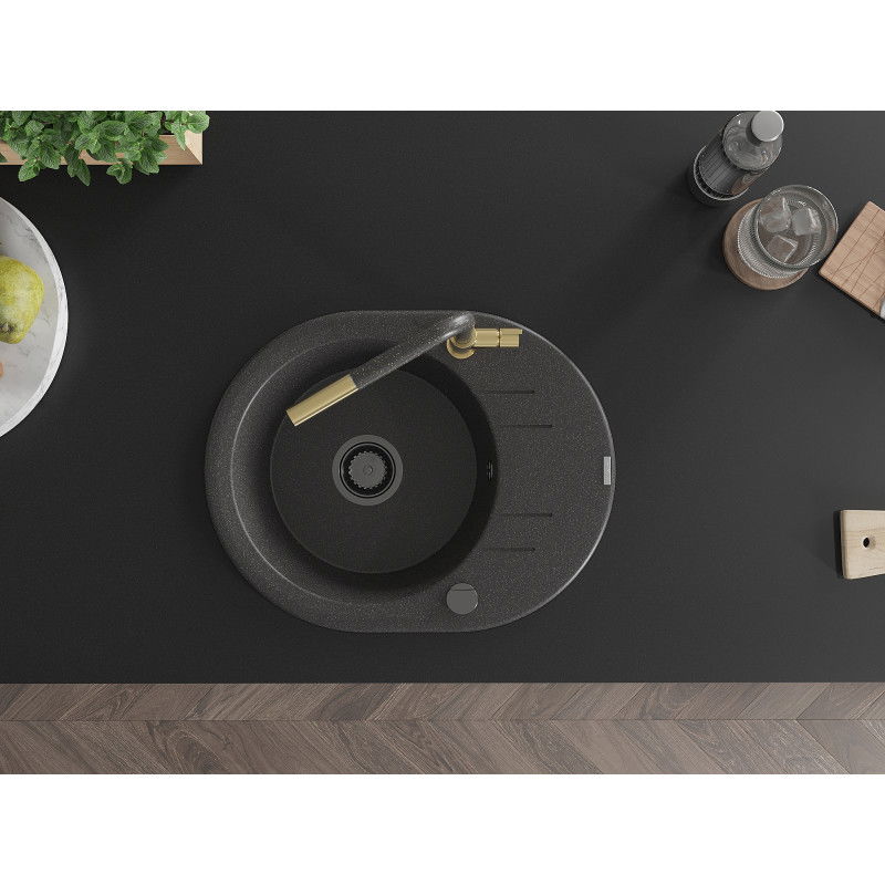 Mexen Kevin zlewozmywak granitowy 1-komorowy z ociekaczem i baterią kuchenną Flora, czarny nakrapiany - 6517-76-670401-75-B