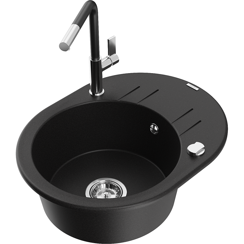 Mexen Kevin zlewozmywak granitowy 1-komorowy z ociekaczem i baterią kuchenną Flora, czarny - 6517-77-670401-07