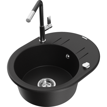 Mexen Kevin zlewozmywak granitowy 1-komorowy z ociekaczem i baterią kuchenną Flora, czarny - 6517-77-670401-07