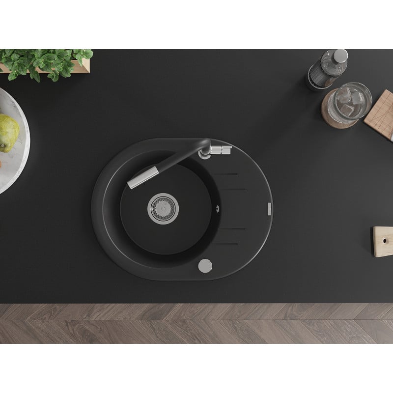 Mexen Kevin zlewozmywak granitowy 1-komorowy z ociekaczem i baterią kuchenną Flora, czarny - 6517-77-670401-07