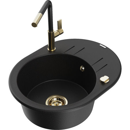 Mexen Kevin zlewozmywak granitowy 1-komorowy z ociekaczem i baterią kuchenną Flora, czarny - 6517-77-670401-57-G