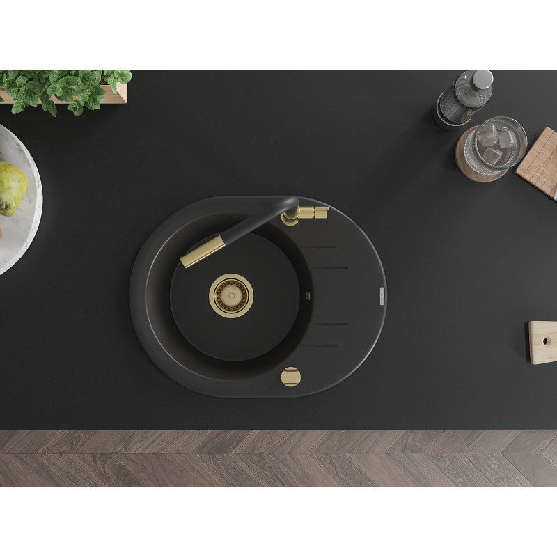 Mexen Kevin zlewozmywak granitowy 1-komorowy z ociekaczem i baterią kuchenną Flora, czarny - 6517-77-670401-57-G