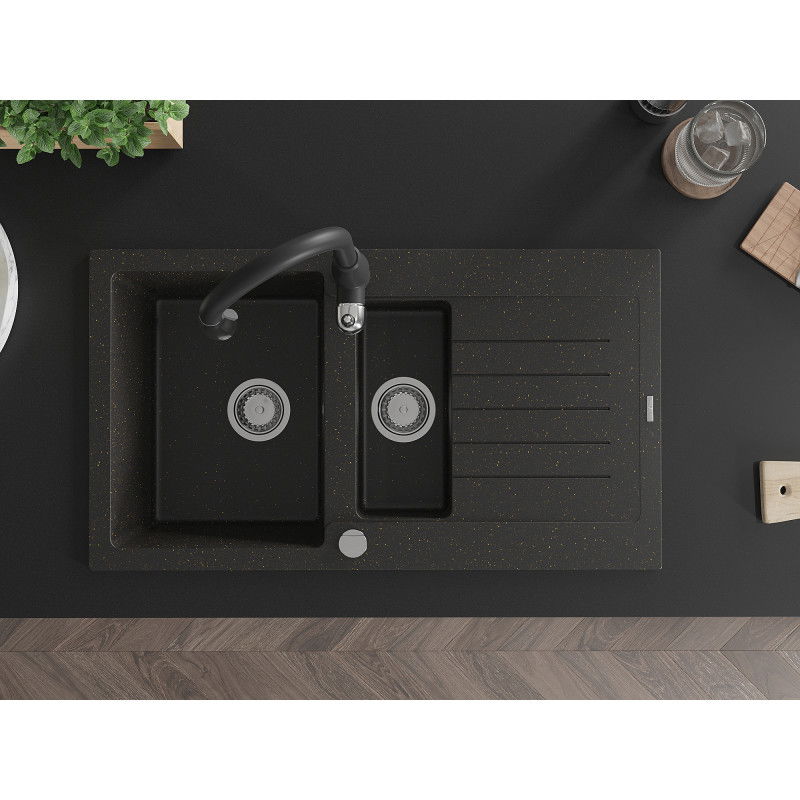 Mexen Matias zlewozmywak granitowy 1,5-komorowy z ociekaczem i baterią kuchenną Savita, czarny/złoty - 6502-75-672601-70