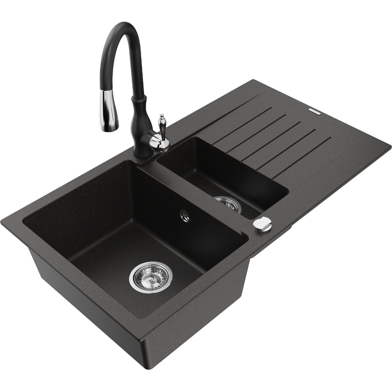 Mexen Matias zlewozmywak granitowy 1,5-komorowy z ociekaczem i baterią kuchenną Savita, czarny/złoty - 6502-75-672601-70