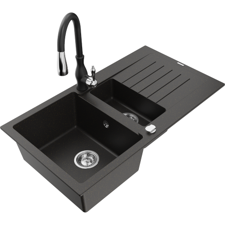 Mexen Matias zlewozmywak granitowy 1,5-komorowy z ociekaczem i baterią kuchenną Savita, czarny/złoty - 6502-75-672601-70