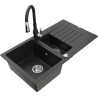 Mexen Matias zlewozmywak granitowy 1,5-komorowy z ociekaczem i baterią kuchenną Savita, czarny/złoty - 6502-75-672601-70