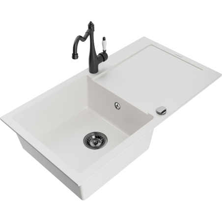 Mexen Leo zlewozmywak granitowy 1-komorowy z ociekaczem i baterią kuchenną Carla, biały - 6501-20-670700-70
