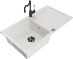 Mexen Leo zlewozmywak granitowy 1-komorowy z ociekaczem i baterią kuchenną Carla, biały - 6501-20-670700-70