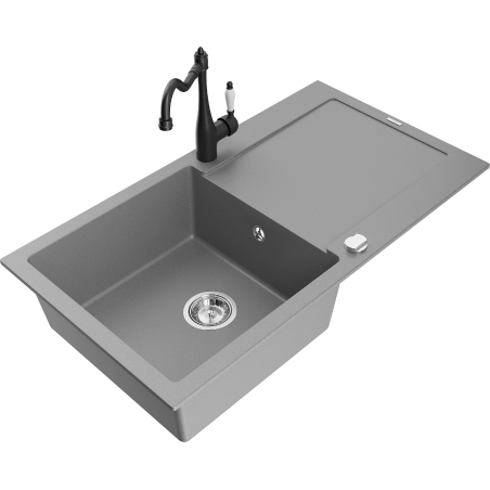 Mexen Leo zlewozmywak granitowy 1-komorowy z ociekaczem i baterią kuchenną Carla, szary - 6501-71-670700-70