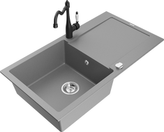 Mexen Leo zlewozmywak granitowy 1-komorowy z ociekaczem i baterią kuchenną Carla, szary - 6501-71-670700-70