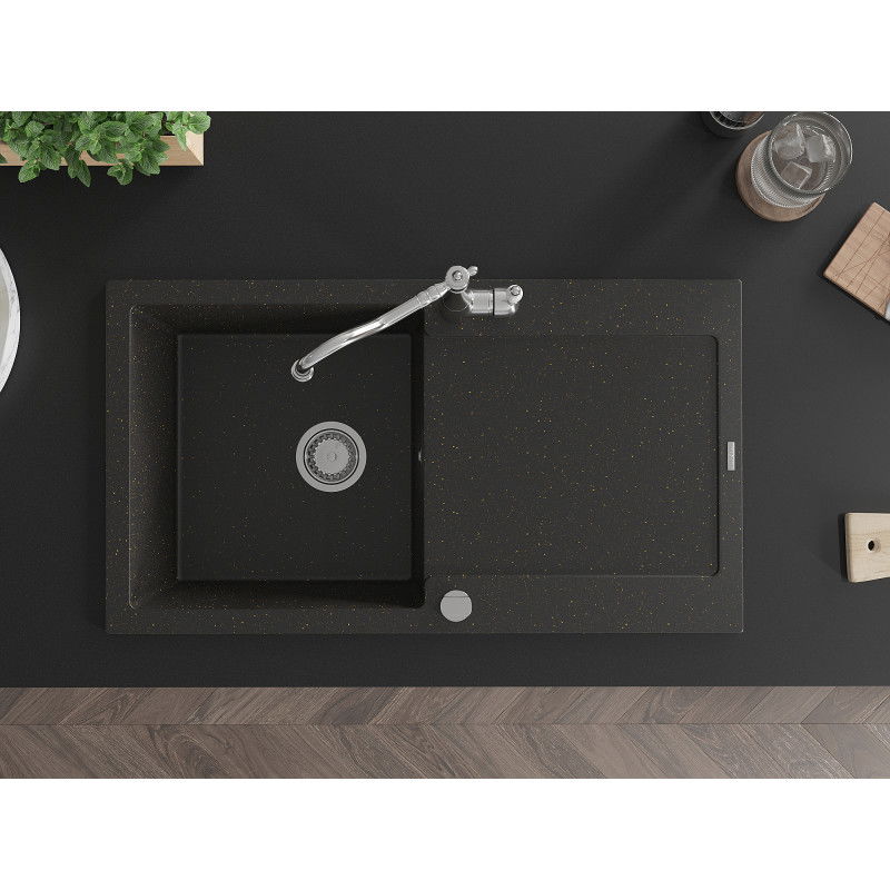 Mexen Leo zlewozmywak granitowy 1-komorowy z ociekaczem i baterią kuchenną Carla, czarny/złoty metalik - 6501-75-670700-00
