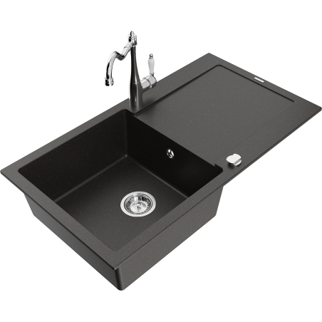 Mexen Leo zlewozmywak granitowy 1-komorowy z ociekaczem i baterią kuchenną Carla, czarny/złoty metalik - 6501-75-670700-00