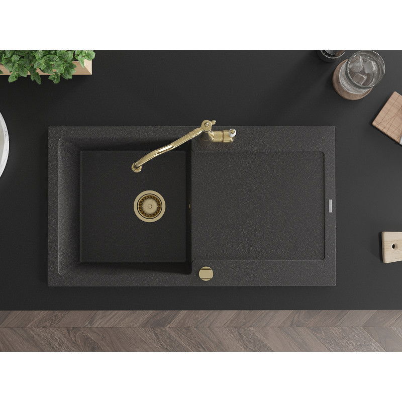 Mexen Leo zlewozmywak granitowy 1-komorowy z ociekaczem i baterią kuchenną Carla, czarny nakrapiany - 6501-76-670700-50