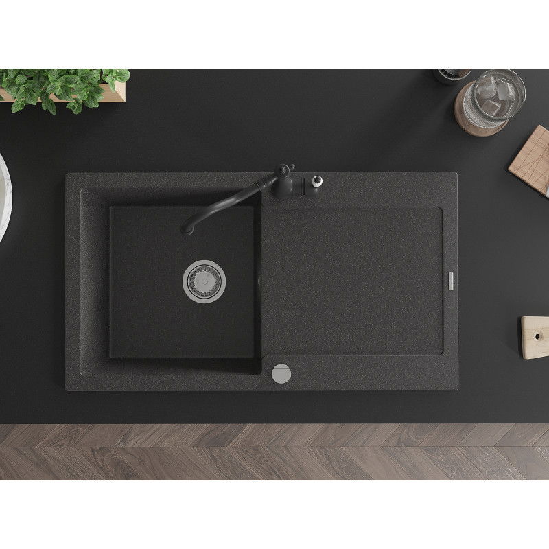 Mexen Leo zlewozmywak granitowy 1-komorowy z ociekaczem i baterią kuchenną Carla, czarny nakrapiany - 6501-76-670700-70