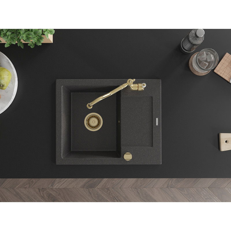 Mexen Enzo zlewozmywak granitowy 1-komorowy z ociekaczem i baterią kuchenną Carla, czarny nakrapiany - 6506-76-670700-50