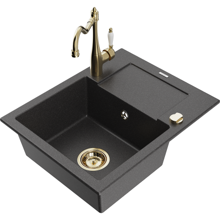 Mexen Enzo zlewozmywak granitowy 1-komorowy z ociekaczem i baterią kuchenną Carla, czarny nakrapiany - 6506-76-670700-50