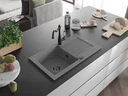 Mexen Pablo zlewozmywak granitowy 1-komorowy z ociekaczem i baterią kuchenną Carla, szary - 6510-71-670700-70-B