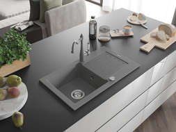 Mexen Pablo zlewozmywak granitowy 1-komorowy z ociekaczem i baterią kuchenną Carla, szary - 6510-71-670700-71
