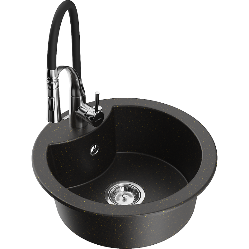 Mexen Diego zlewozmywak granitowy 1-komorowy z baterią kuchenną Aster, czarny/złoty metalik - 6512-75-73450-70