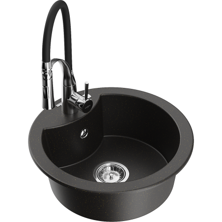 Mexen Diego zlewozmywak granitowy 1-komorowy z baterią kuchenną Aster, czarny/złoty metalik - 6512-75-73450-70