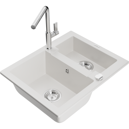 Mexen Carlos zlewozmywak granitowy 1,5-komorowy z baterią kuchenną Flora, biały - 6518-20-670401-00