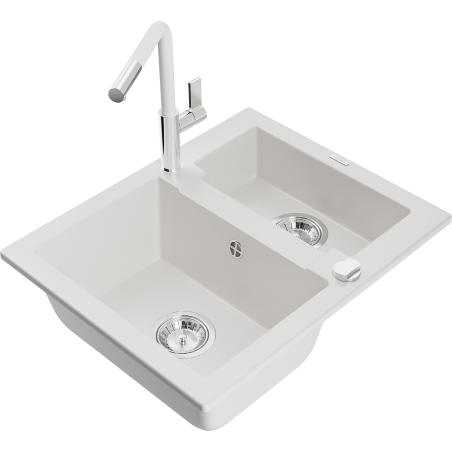 Mexen Carlos zlewozmywak granitowy 1,5-komorowy z baterią kuchenną Flora, biały - 6518-20-670401-02