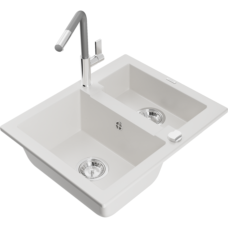 Mexen Carlos zlewozmywak granitowy 1,5-komorowy z baterią kuchenną Flora, biały - 6518-20-670401-06