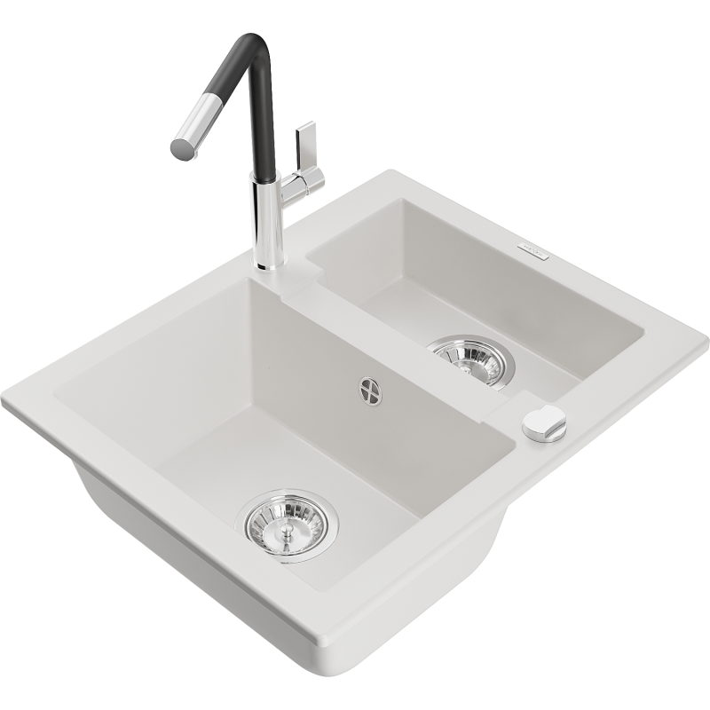 Mexen Carlos zlewozmywak granitowy 1,5-komorowy z baterią kuchenną Flora, biały - 6518-20-670401-07