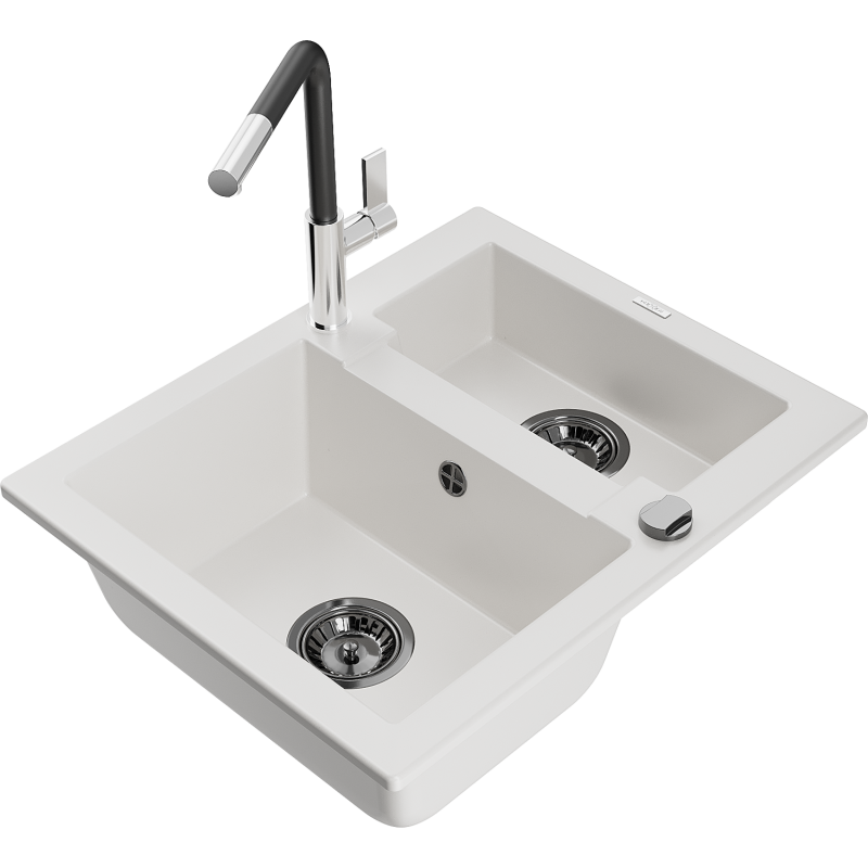 Mexen Carlos zlewozmywak granitowy 1,5-komorowy z baterią kuchenną Flora, biały - 6518-20-670401-07-B