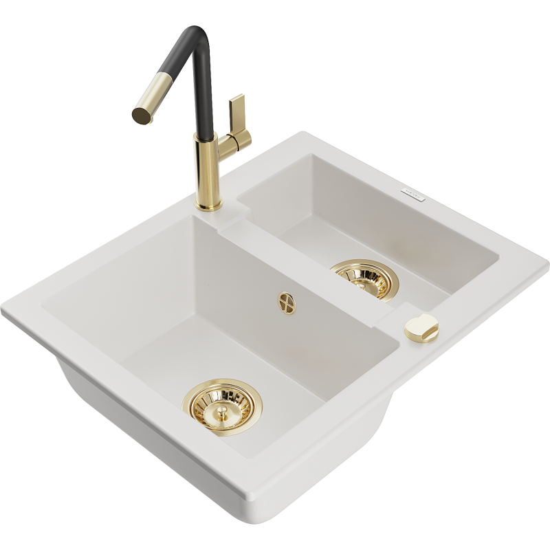 Mexen Carlos zlewozmywak granitowy 1,5-komorowy z baterią kuchenną Flora, biały - 6518-20-670401-57-G