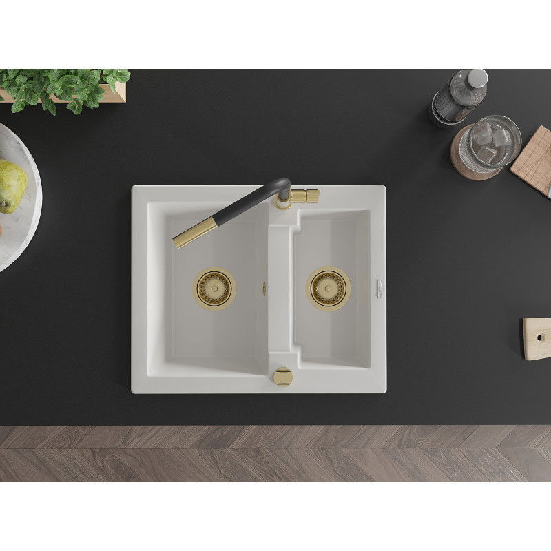 Mexen Carlos zlewozmywak granitowy 1,5-komorowy z baterią kuchenną Flora, biały - 6518-20-670401-57-G