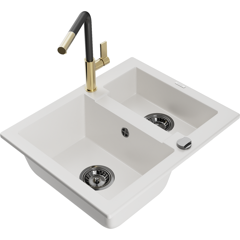 Mexen Carlos zlewozmywak granitowy 1,5-komorowy z baterią kuchenną Flora, biały - 6518-20-670401-57-B